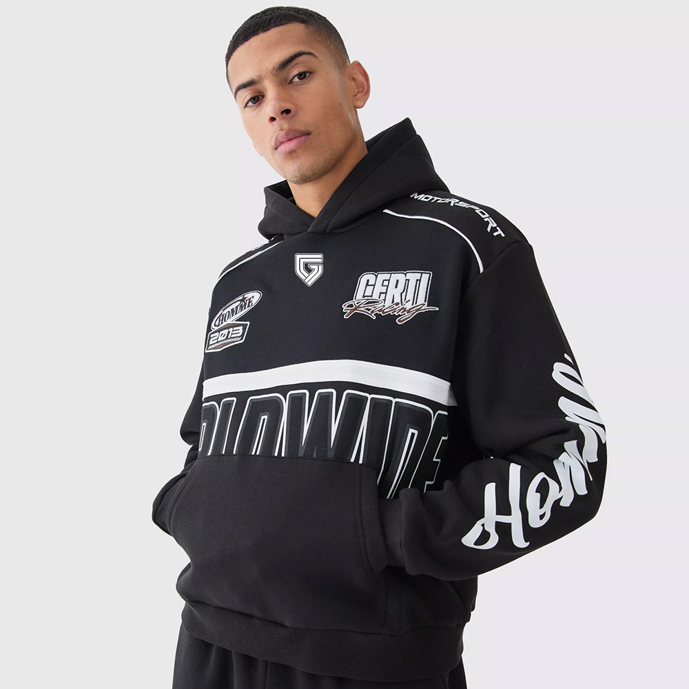 Oversized Boxy Applique Moto Hoodie